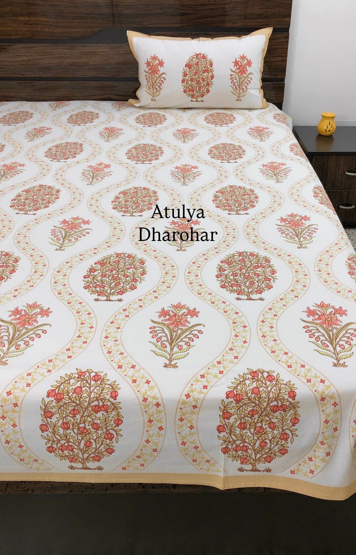 Peach Floral Motifs Cotton Super King Size Bedsheet