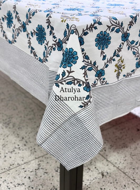 Turquoise Blue and Green Mughal Jaal Cotton Dining Table Cover