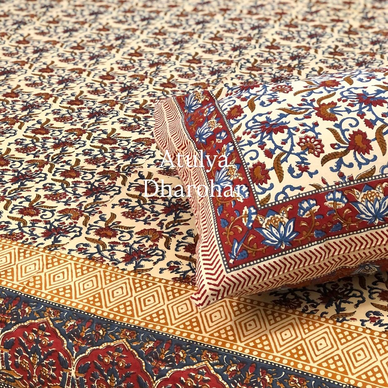 Maroon & Blue Cotton Kalamkari King Size Bedsheet
