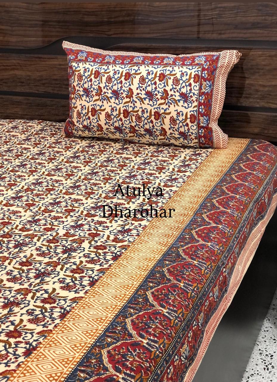Maroon & Blue Cotton Kalamkari King Size Bedsheet