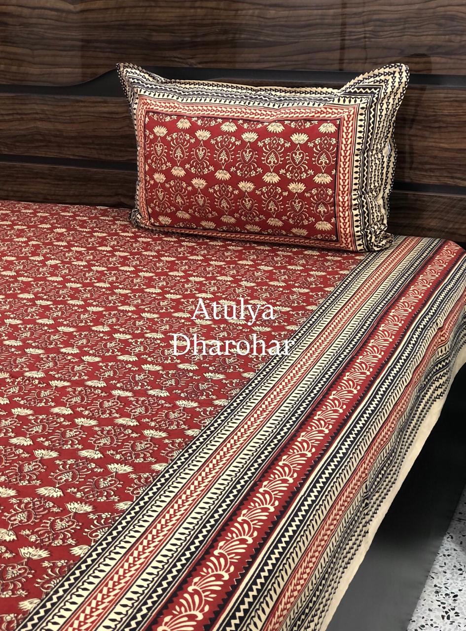 Maroon Cotton Kalamkari King Size Bedsheet
