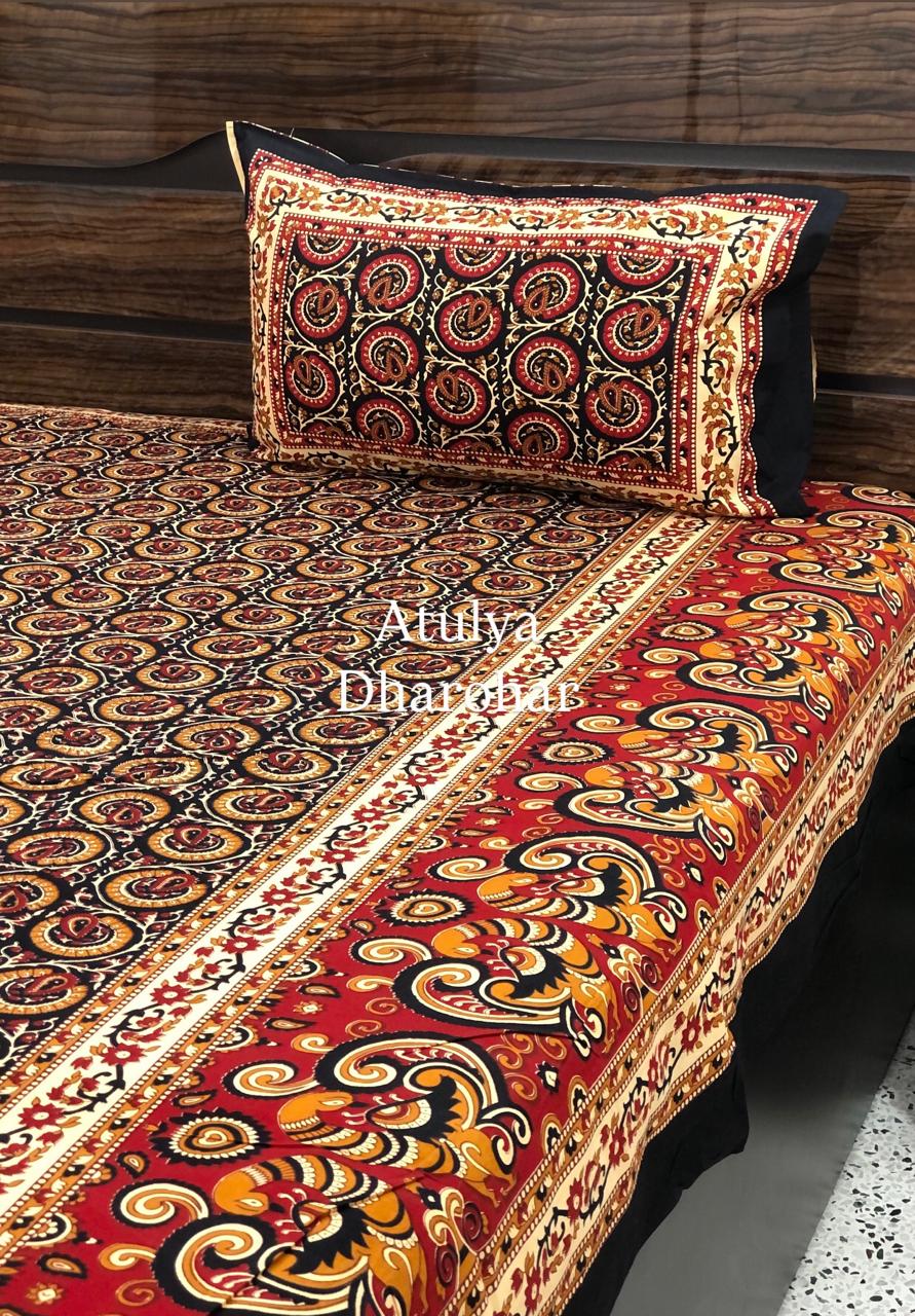Black Kalamkari Cotton Super King Bedsheet