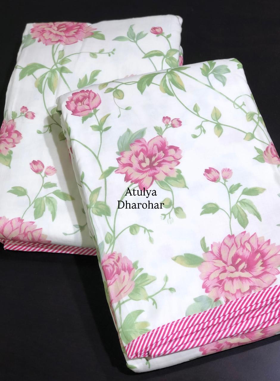 Pink and Green Floral Mulmul Single Bed Dohar Pair