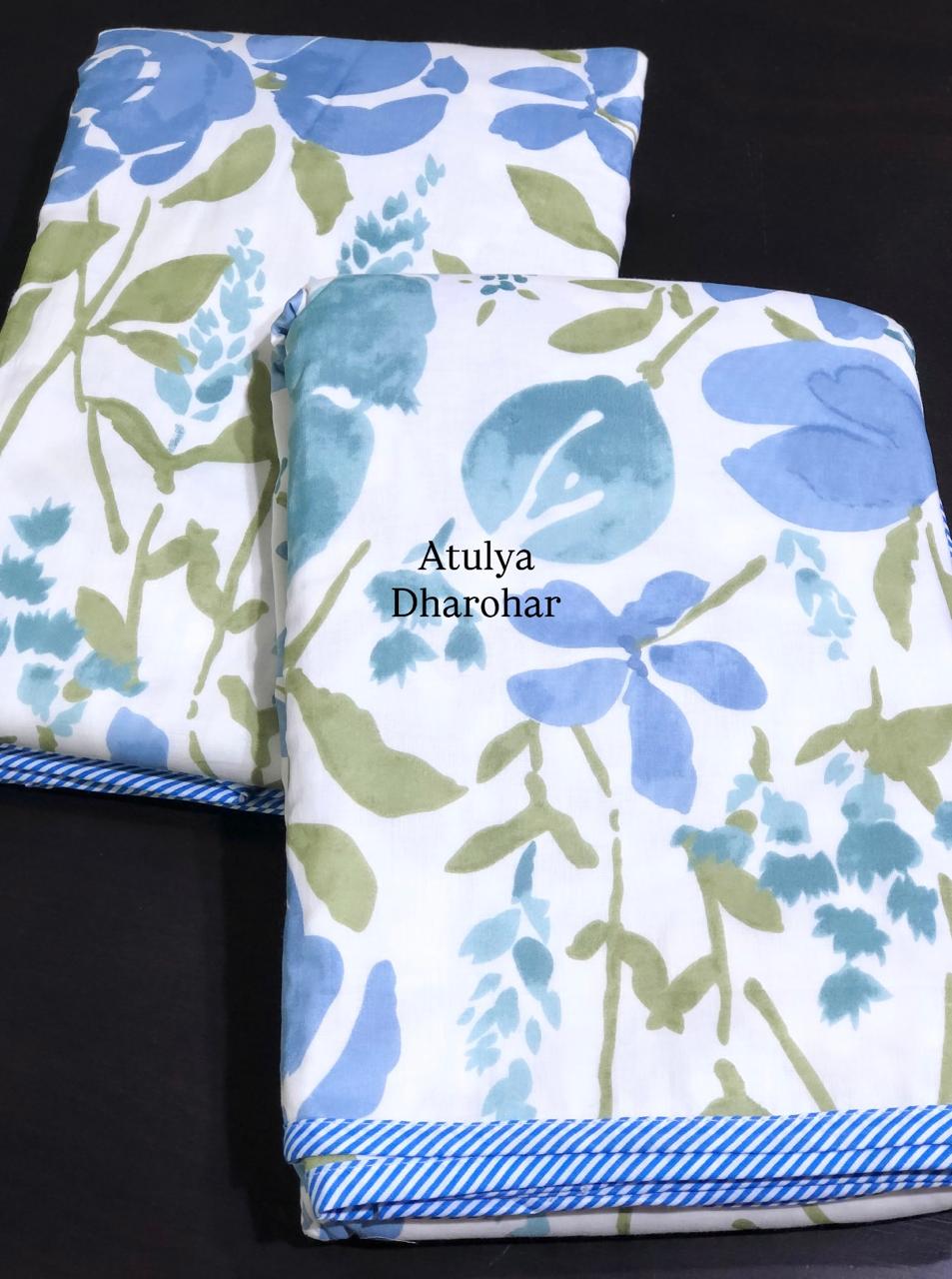 Blue and Green Floral Mulmul Single Bed Dohar Pair