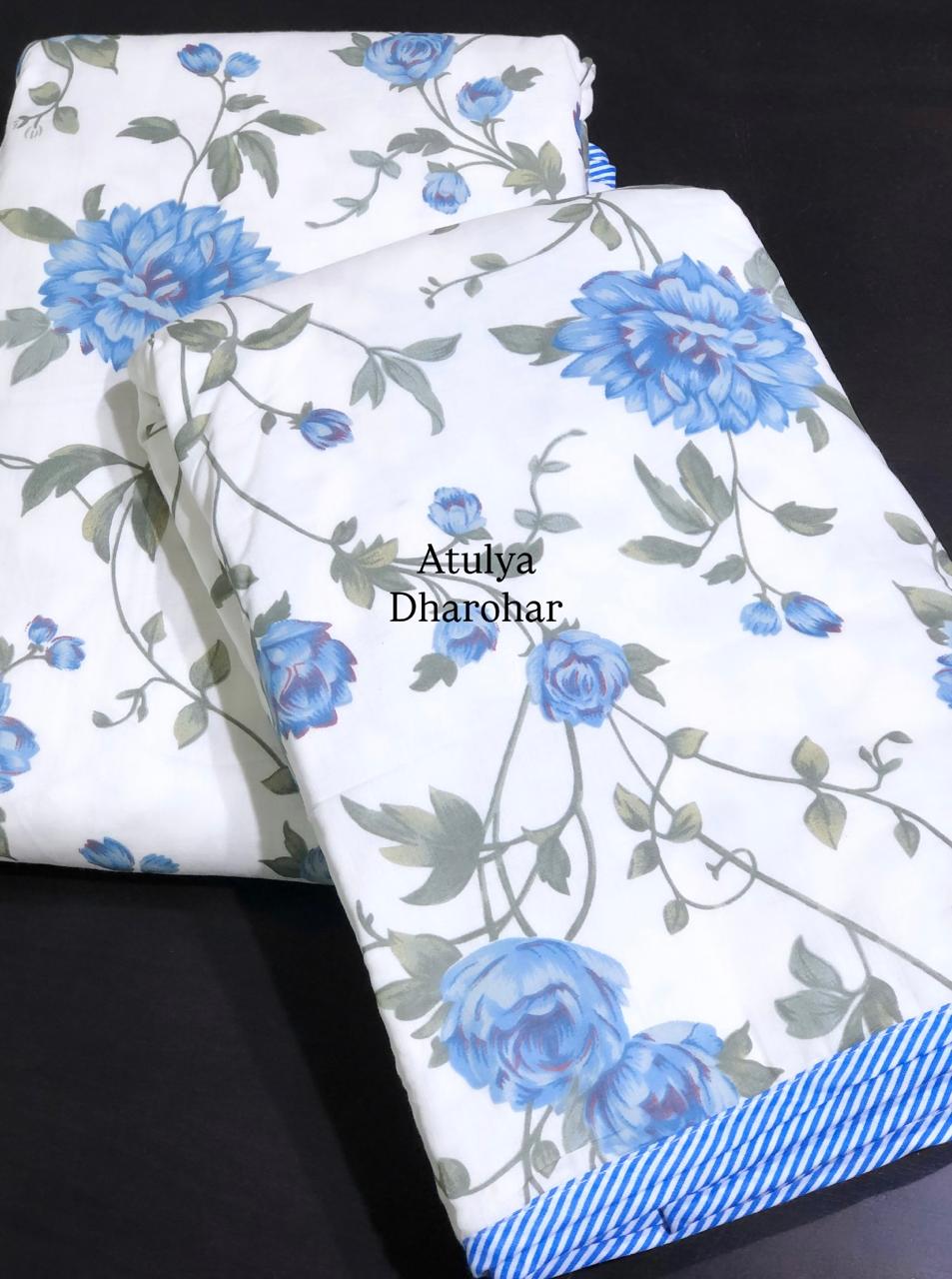 Blue Floral Mulmul Single Bed Dohar Pair