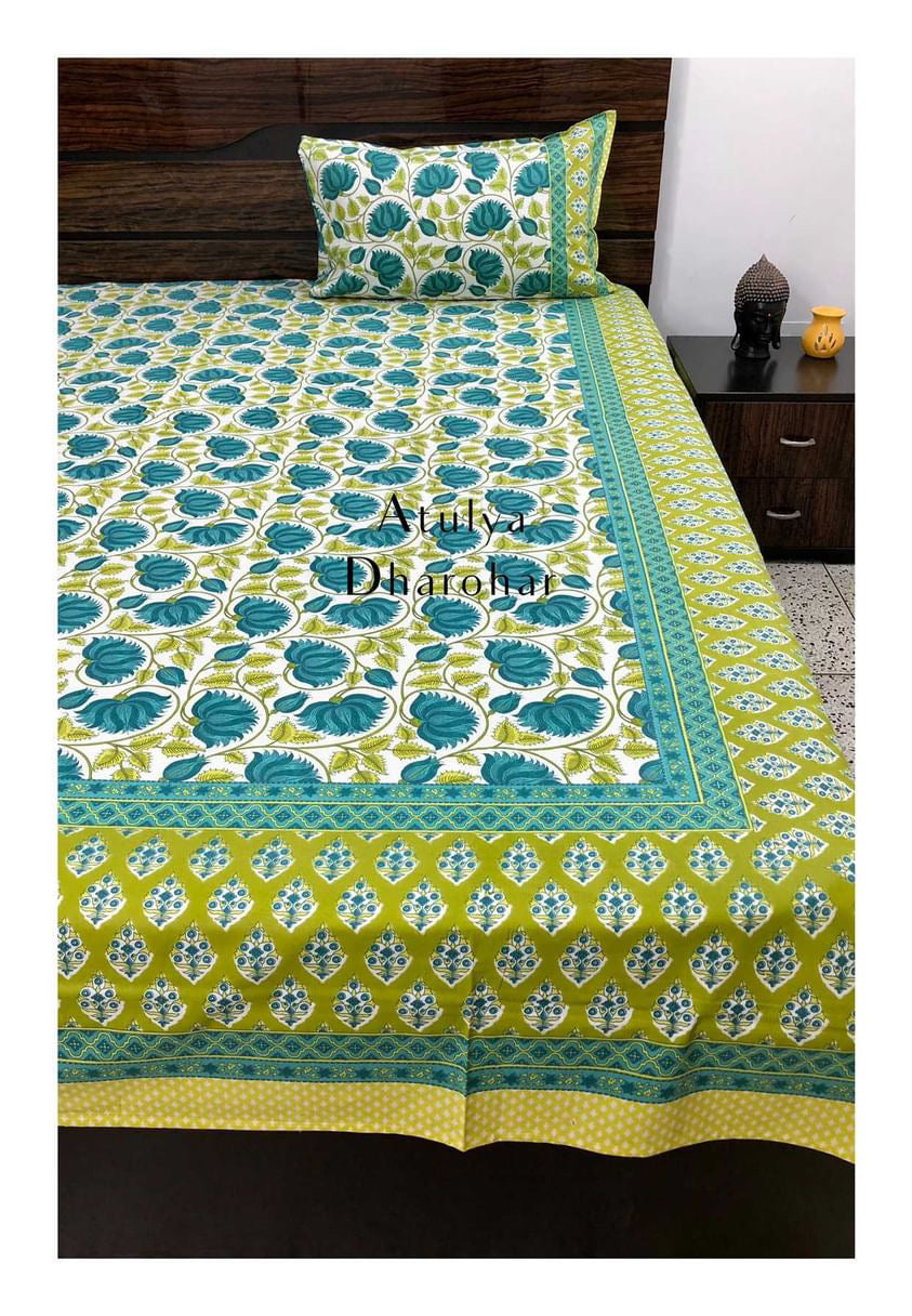 Blue and Green Lotus Motifs Bedsheet