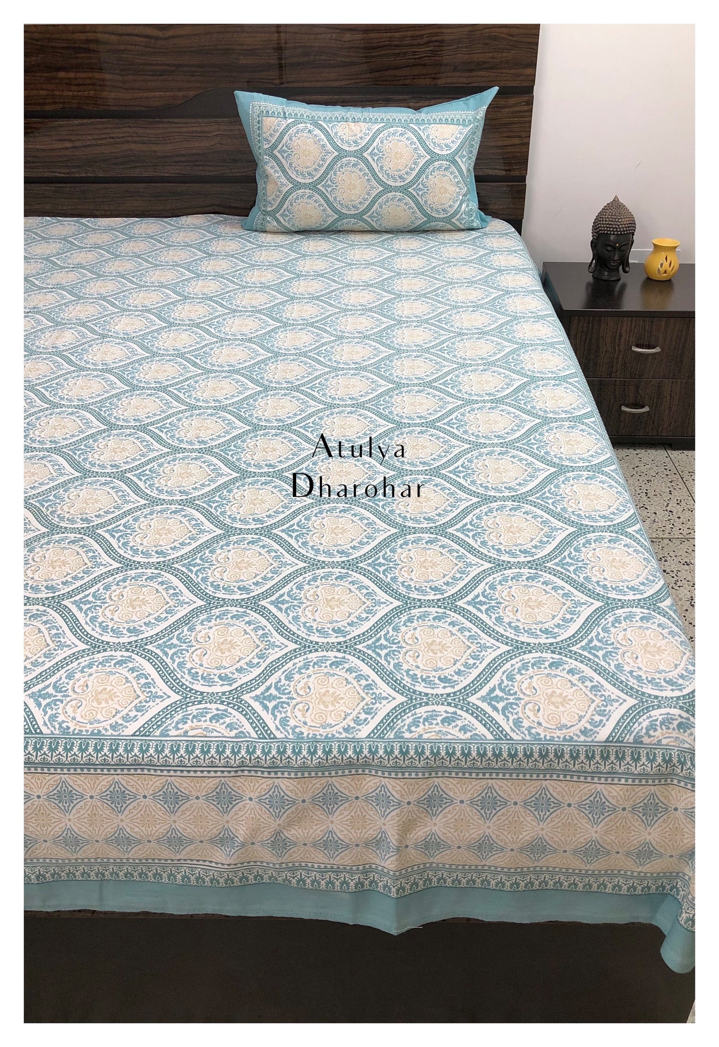 Turquoise Mughal Jaal Cotton King Size Bedsheet