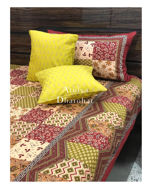 Red and Green Patchwork Look Bedsheet