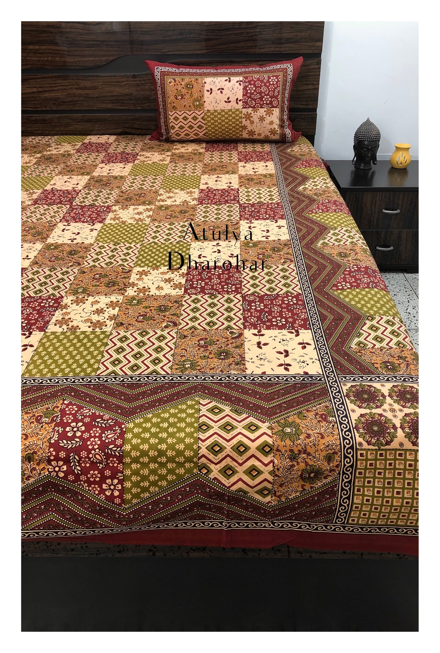 Red and Green Patchwork Look Bedsheet
