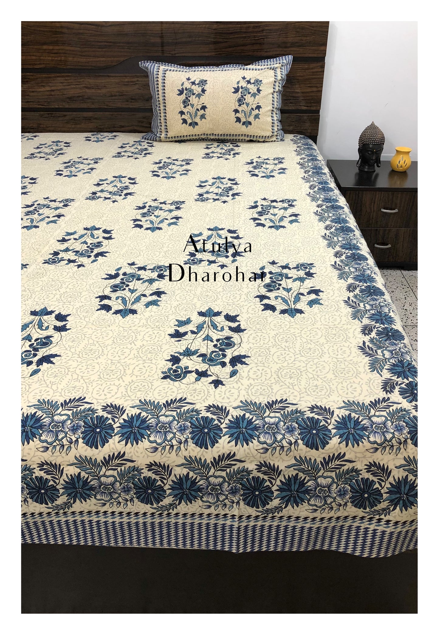 Blue Floral Motifs King Size Bedsheet