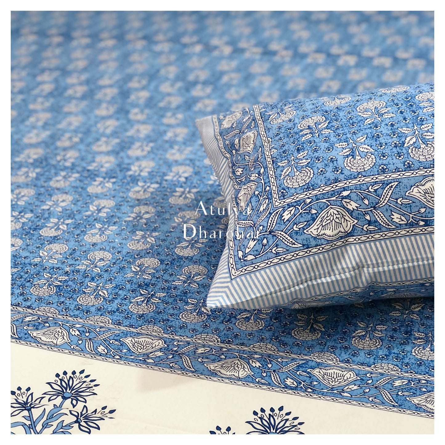 Blue Floral Jaal Cotton King Size Bedsheet