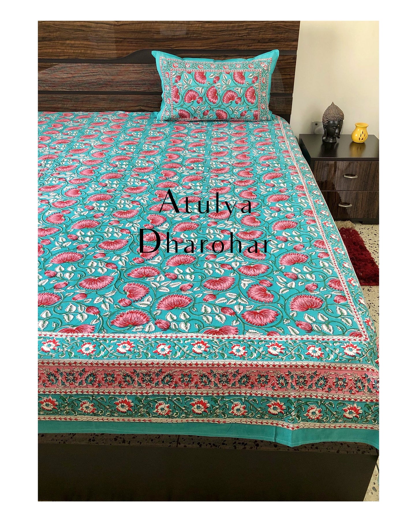 Turquoise and Pink Lotus Motifs Bedsheet