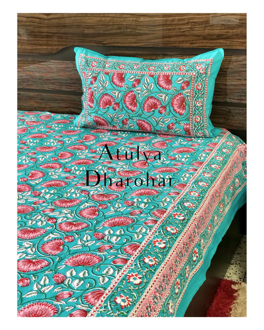 Turquoise and Pink Lotus Motifs Bedsheet