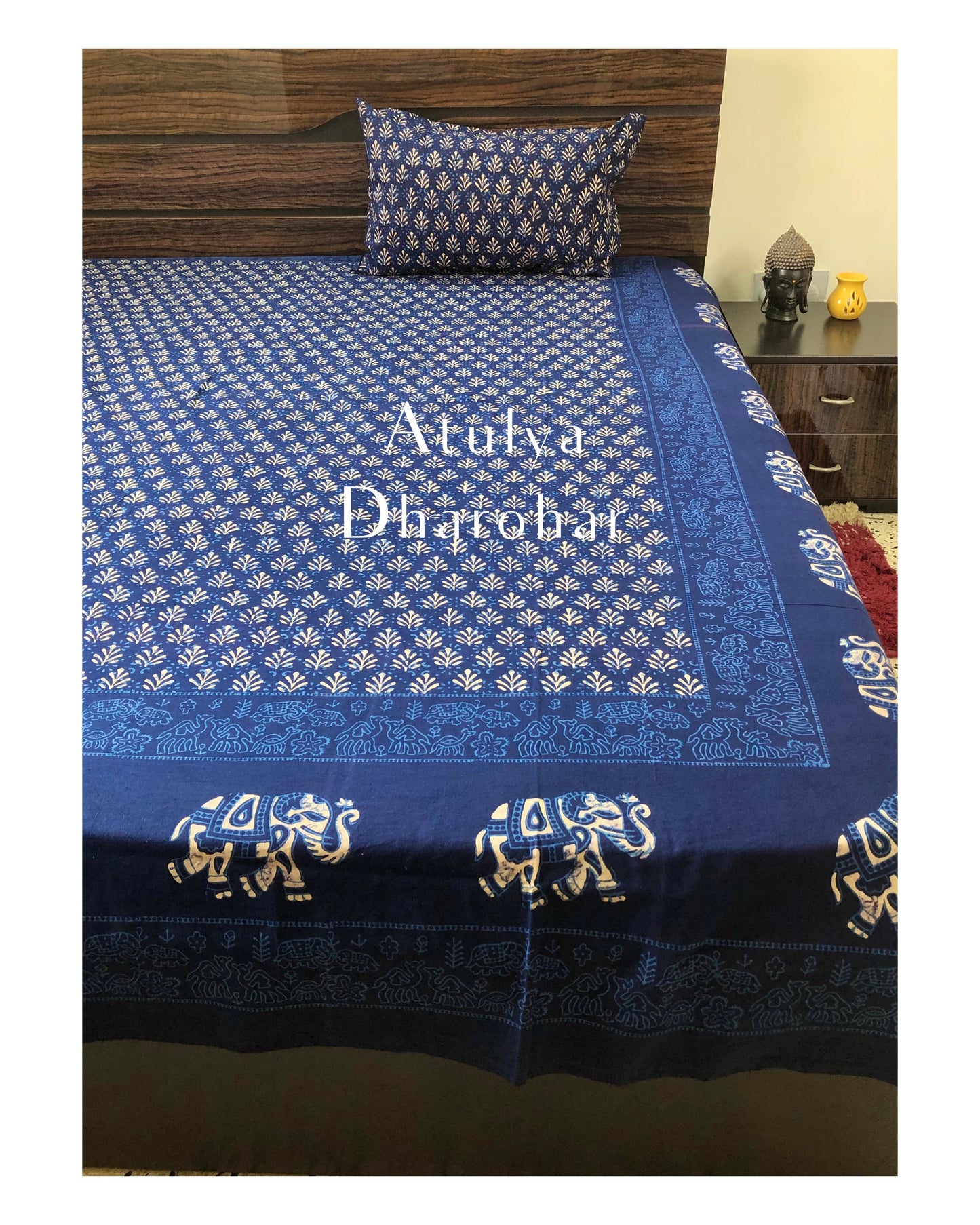 Indigo Butti with Elephant Border Hand Block Printed Bedsheet 100x108 inches