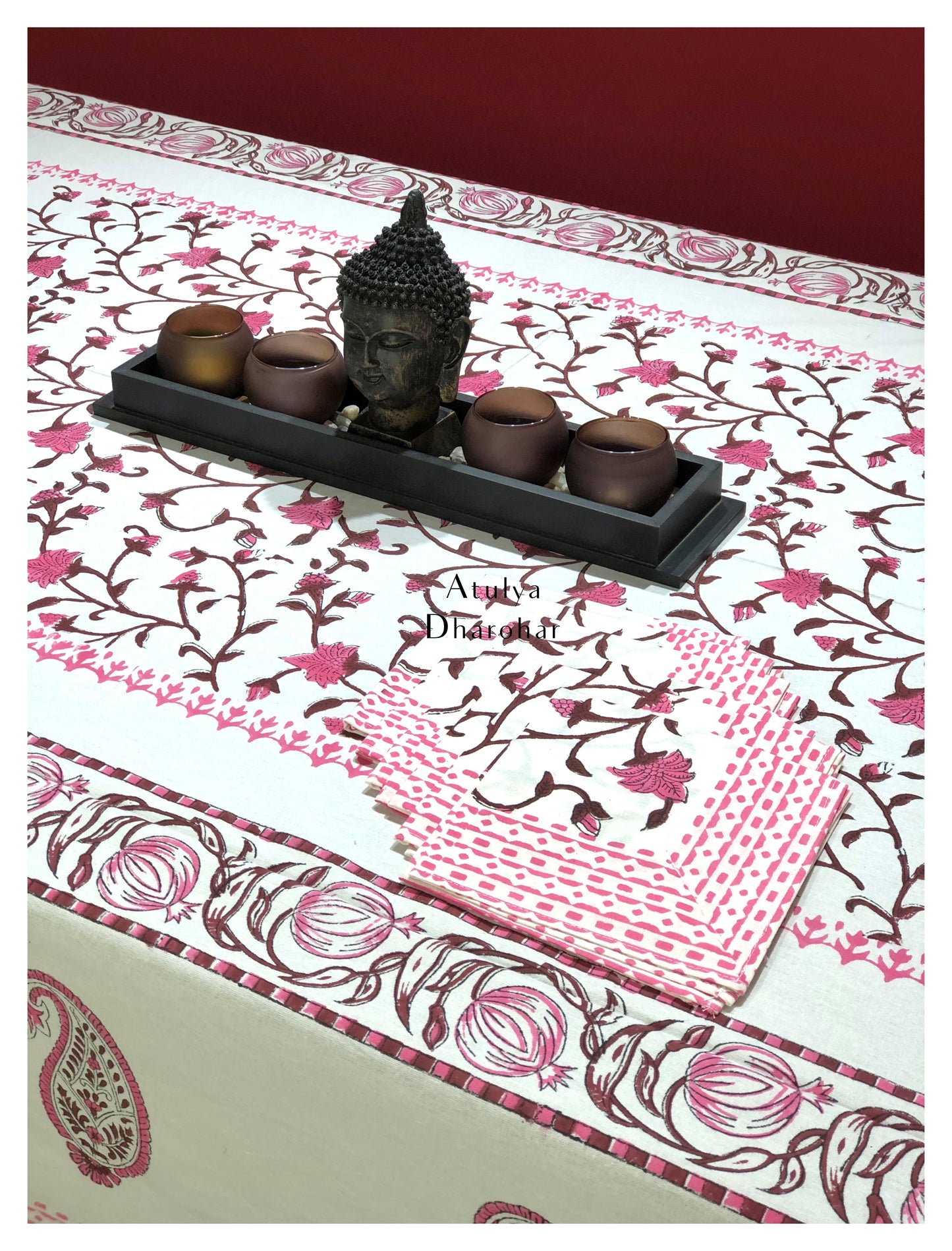 Pink Floral Jaal Hand Block Printed Dining Table Cover