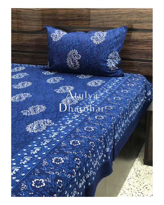 Indigo Paisley Motifs Hand Block Printed Bedsheet 100x108 inch