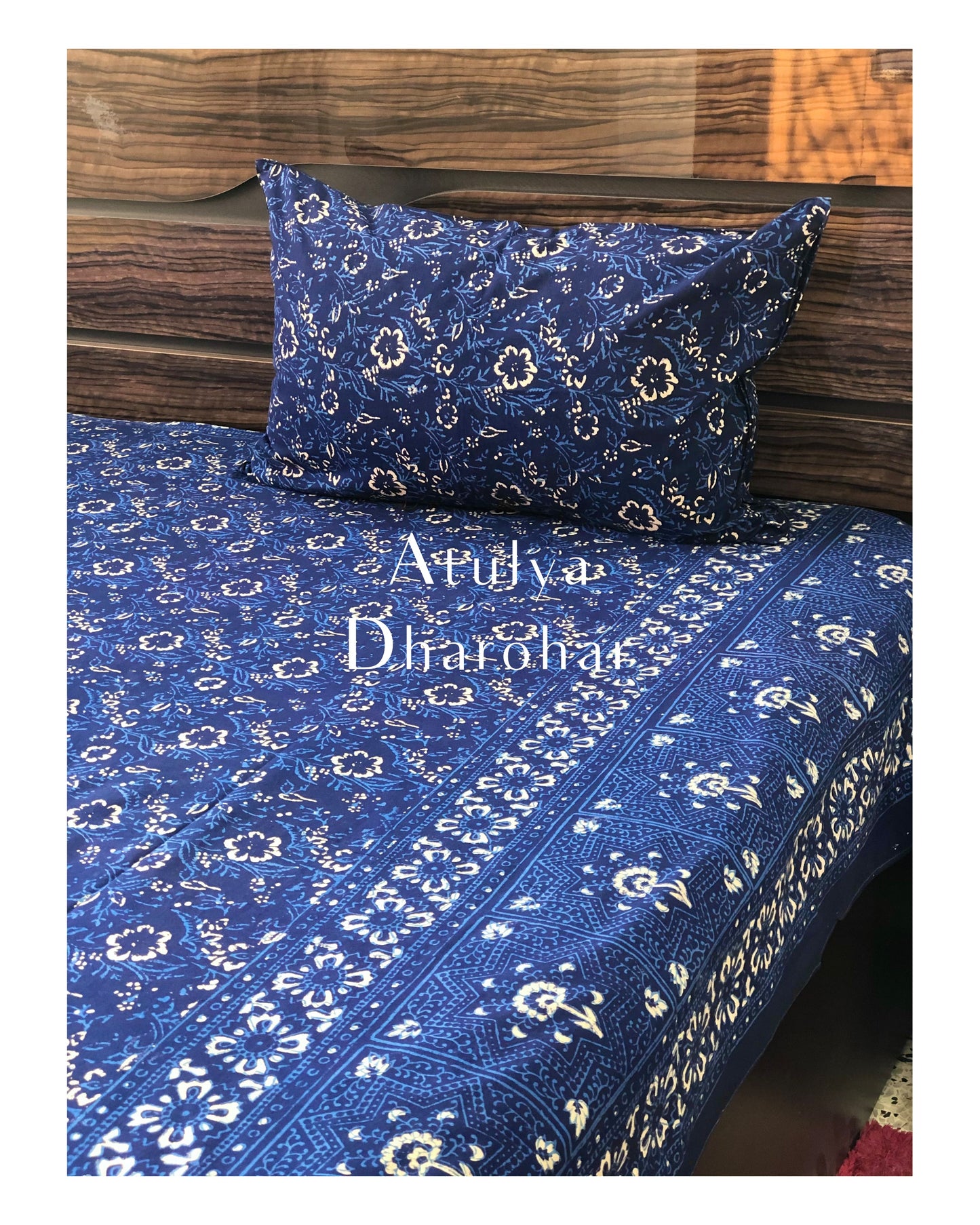 Indigo Floral Jaal Hand Block Printed Bedsheet 100x108 inch