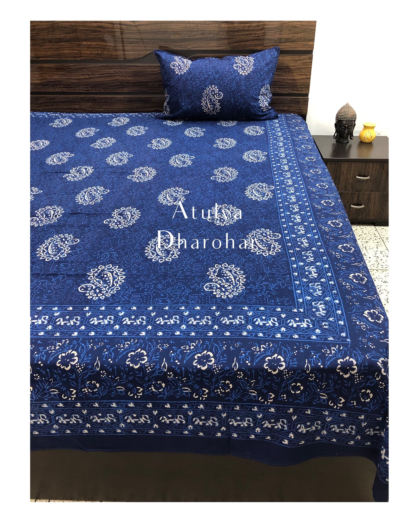 Indigo Paisley Motifs Hand Block Printed Bedsheet 100x108 inch