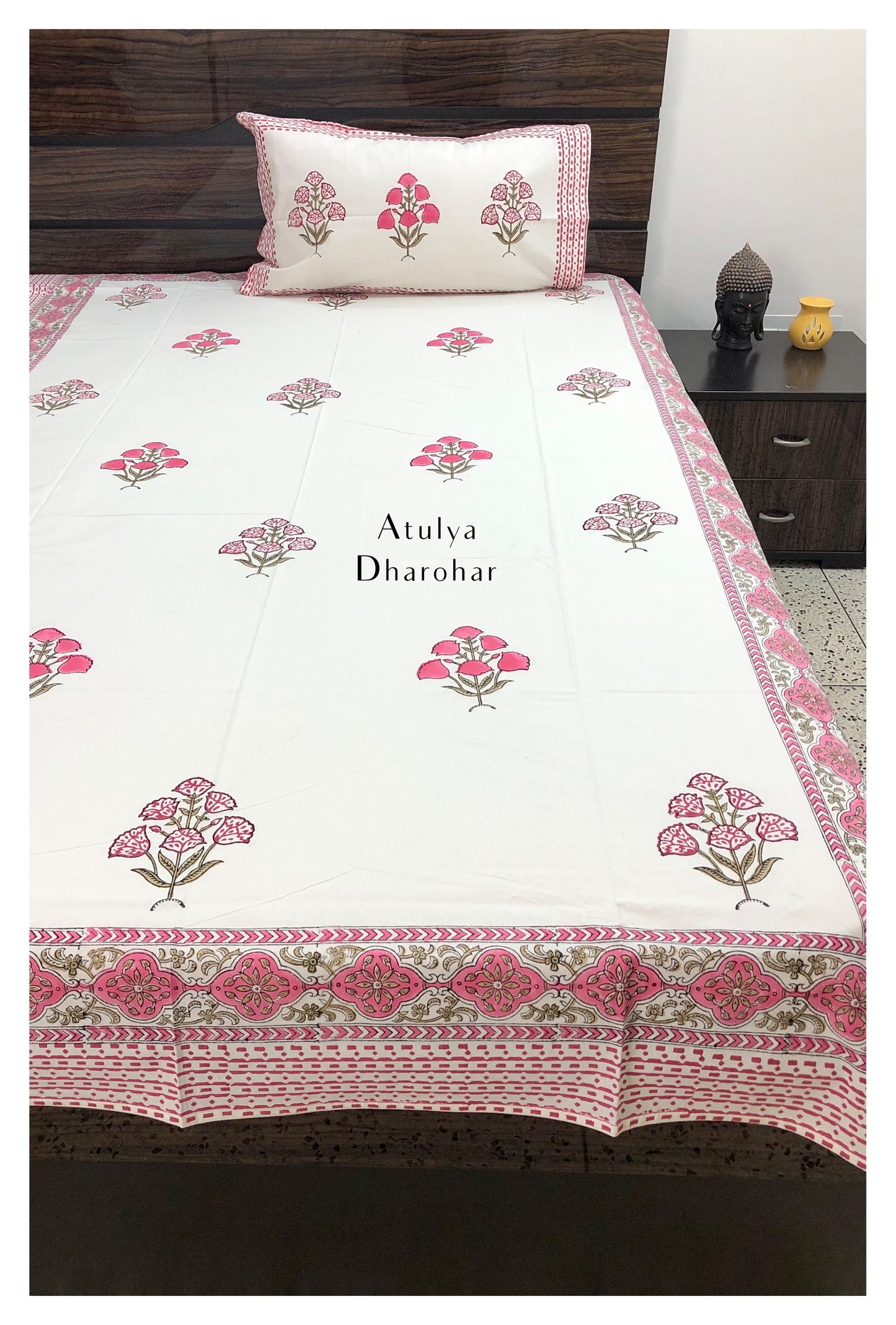 Pink Floral Motifs Hand Block Printed Bedsheet