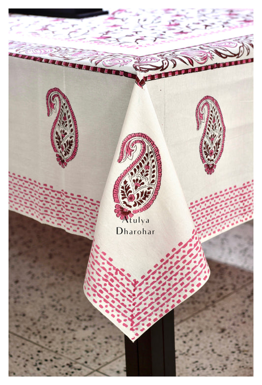 Pink Floral Jaal Hand Block Printed Dining Table Cover