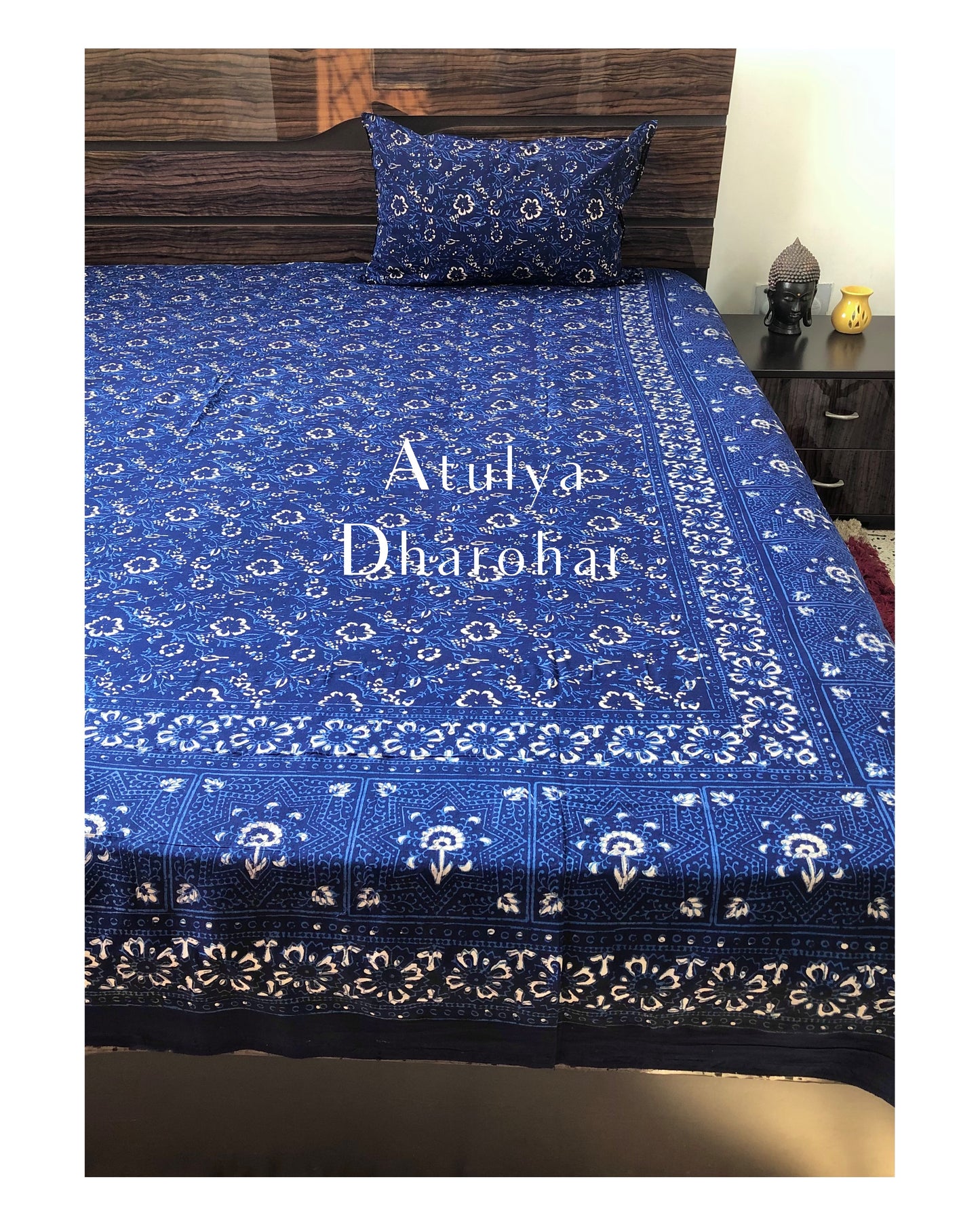 Indigo Floral Jaal Hand Block Printed Bedsheet 100x108 inch