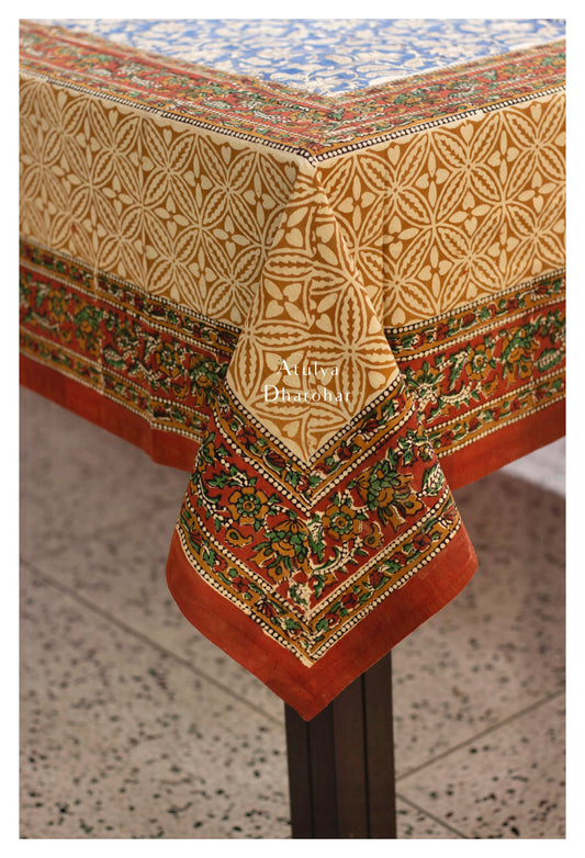 Indigo Kalamkari Hand Block Dining Table Cover