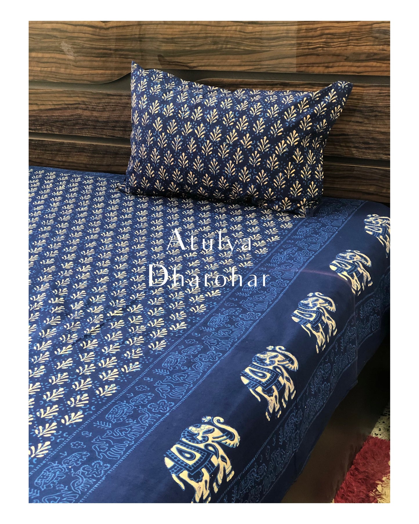 Indigo Butti with Elephant Border Hand Block Printed Bedsheet 100x108 inches
