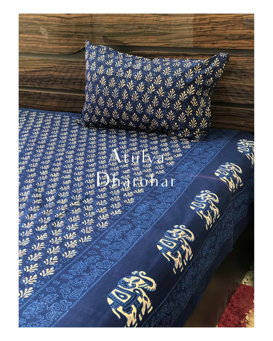 Indigo Butti with Elephant Border Hand Block Printed Bedsheet 100x108 inches