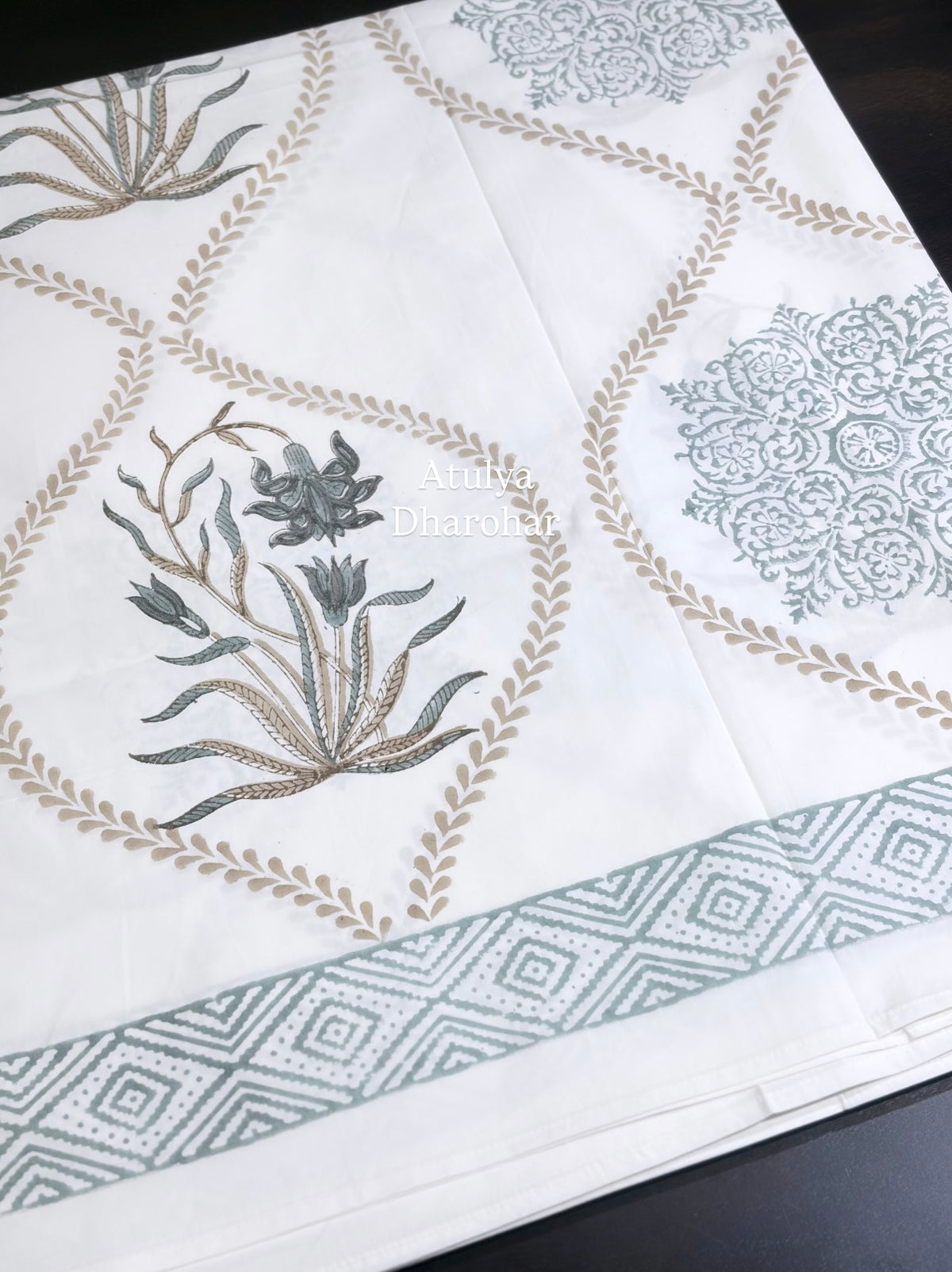 Grey and Brown Mughal Jaal Percale Cotton Hand Block Printed Super King Bedsheet