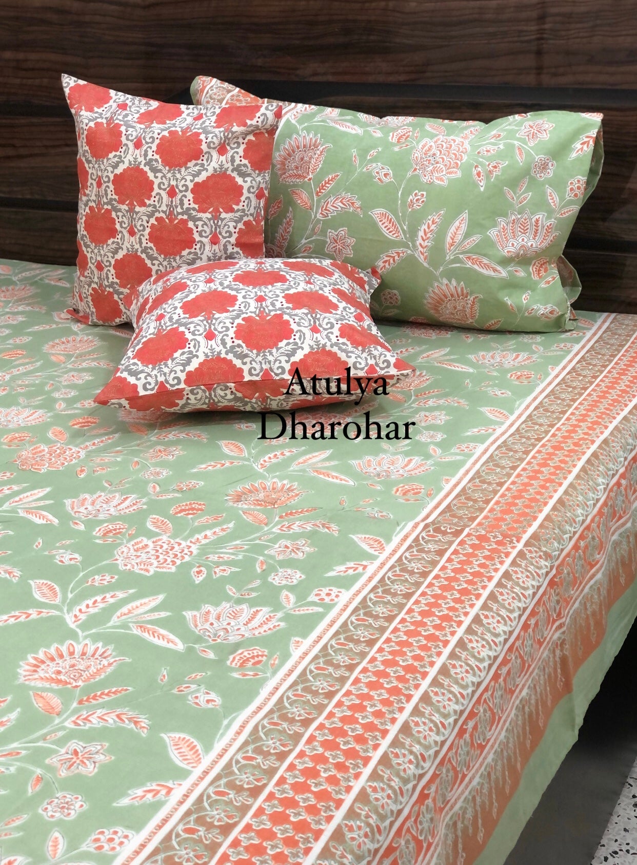 Green and Orange Floral Jaal Super King Bedsheet