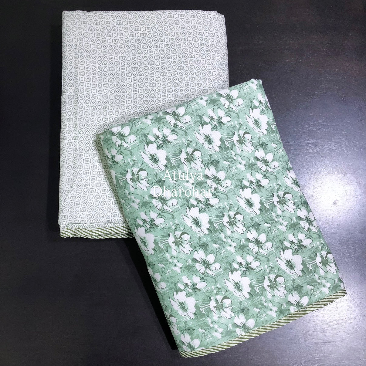 Green Floral Jaal Cambric Cotton Single Dohar Pair