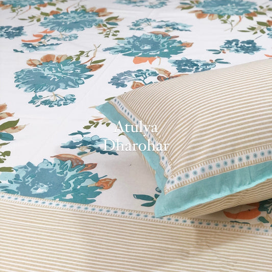 Turquoise Floral Motifs Cotton Bedsheet