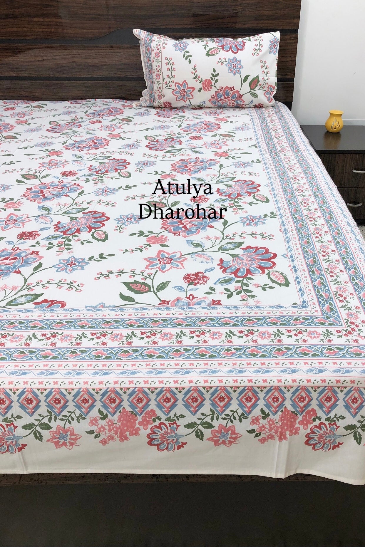 Blue and Pink Floral Jaal Cotton Super King Bedsheet