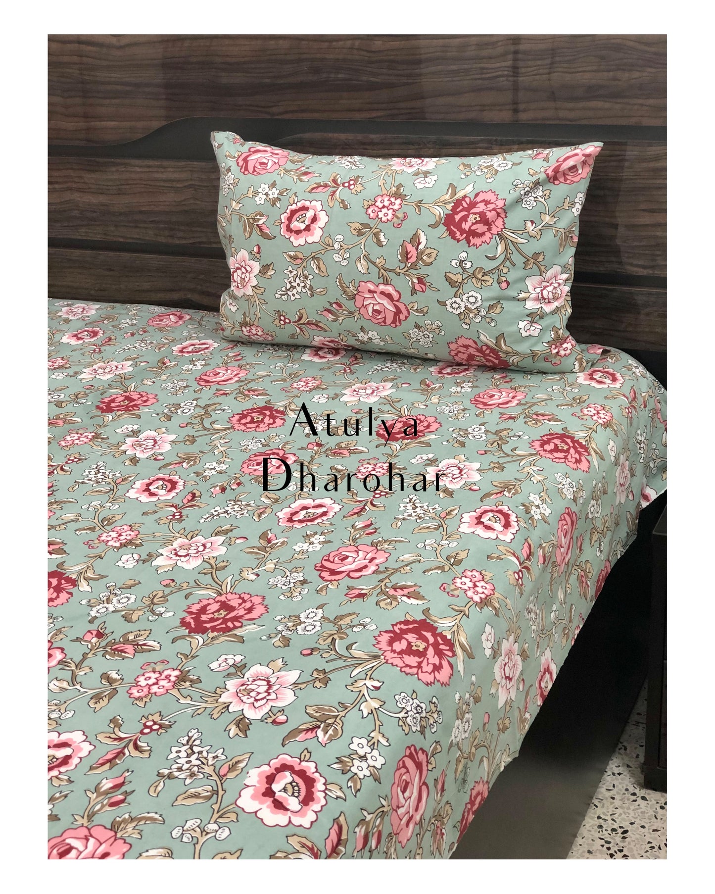 Green and Pink Floral Motifs Bedsheet