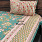 Turquoise and Pink Floral Jaal Cotton King Size Bedsheet