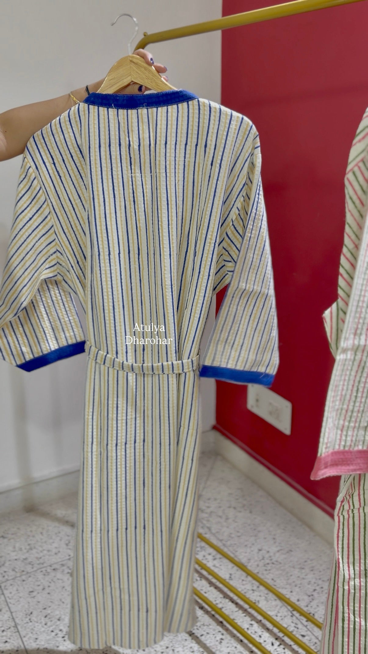 Blue and Yellow Strips Hand Block Printed Waffle Cotton Bathrobe