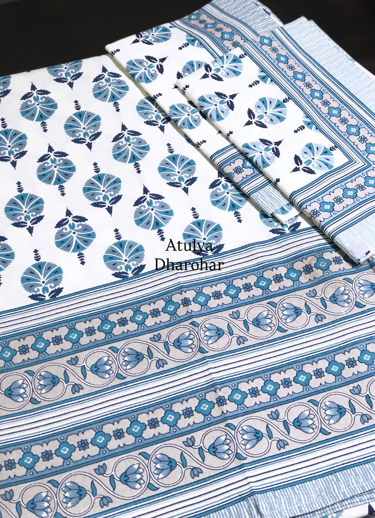 Blue Floral Motifs Cotton Super King Bedsheet