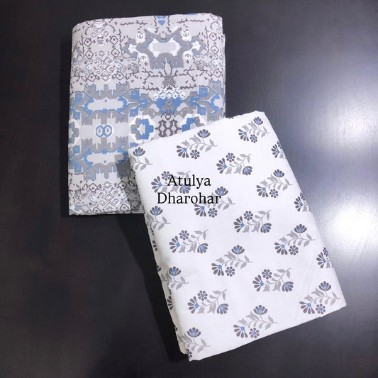 Blue and Grey Floral Cambric Cotton Single Dohar Pair