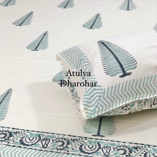 Turquoise Blue Pine Motifs Hand Block Printed Super King Bedsheet