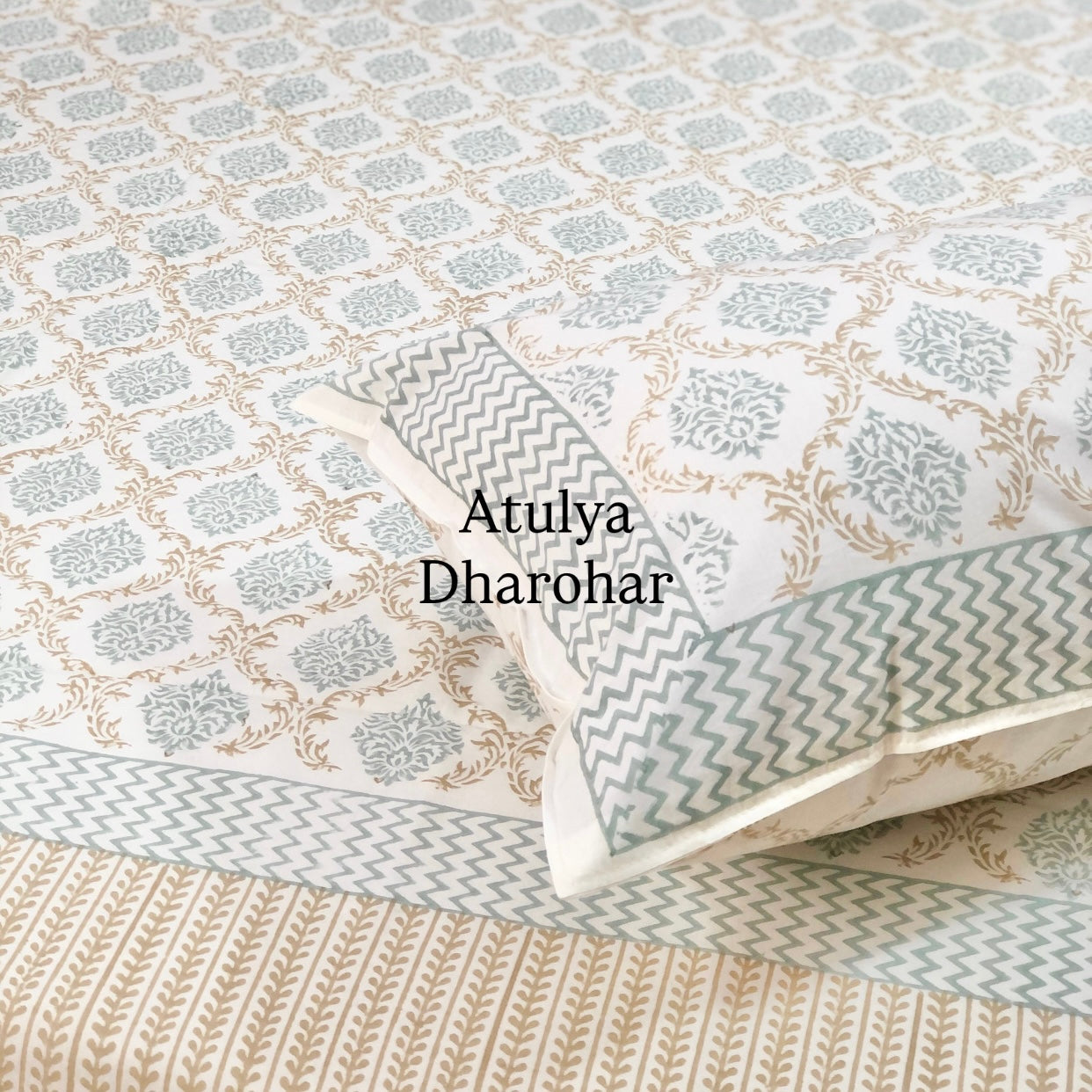 Golden Brown Mughal Jaal Percale Cotton Hand Block Super King Bedsheet