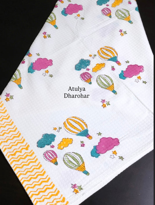 Hot Air Balloons and Clouds Hand Block Printed Waffle Cotton Kids Towel