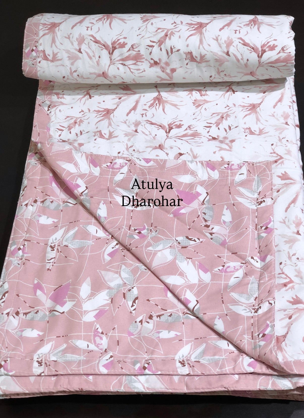 Peach Leafy Jaal Cambric Cotton Double Bed Dohar