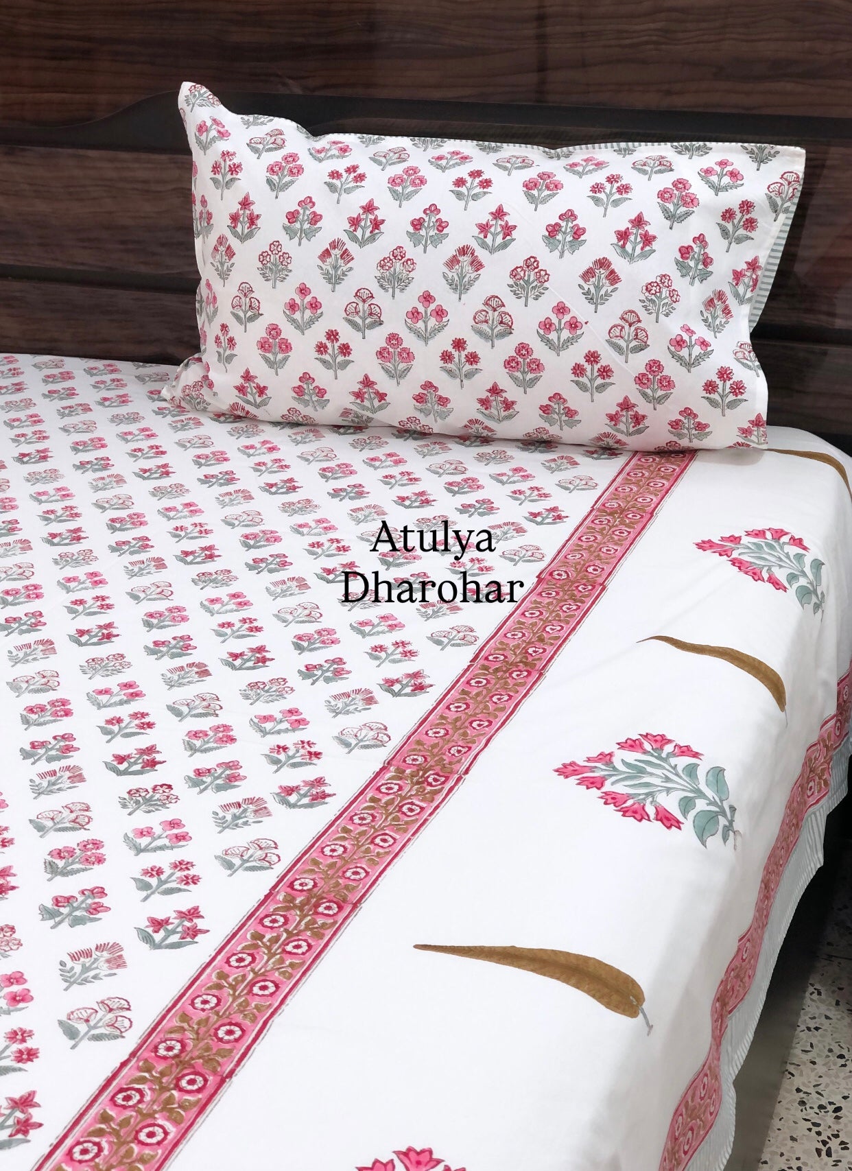 Pink Floral Motifs Hand Block Super King Cotton Bedsheet