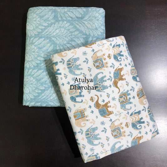 Turquoise Elephant Cambric Cotton Single Dohar Pair