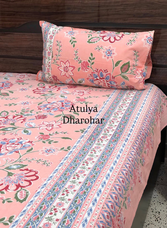 Peach Floral Jaal Cotton Super King Bedsheet
