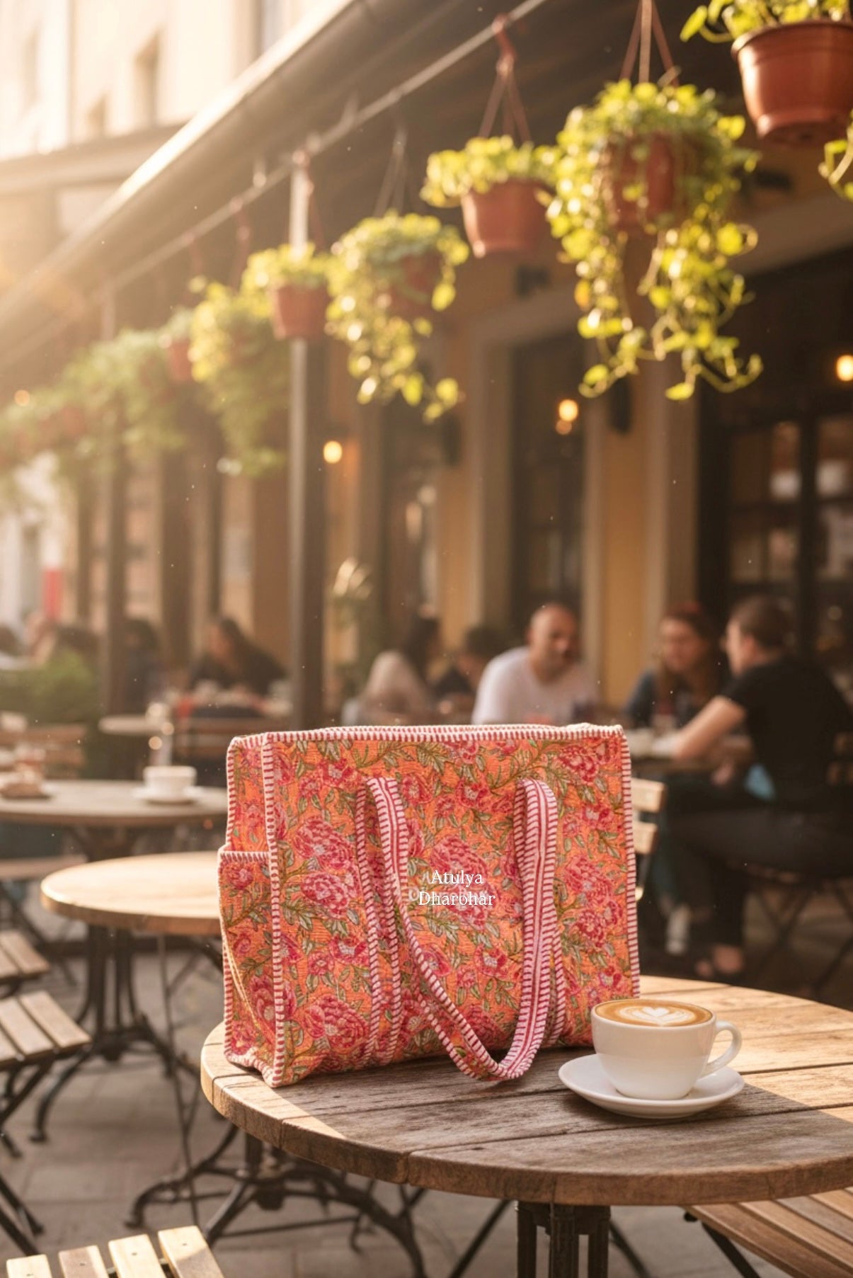 Peach and Pink Floral Medium Tote Bag with Zip