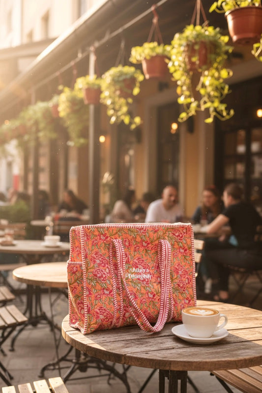 Peach and Pink Floral Medium Tote Bag with Zip