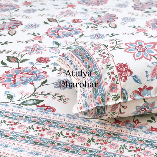 Blue and Pink Floral Jaal Cotton Super King Bedsheet