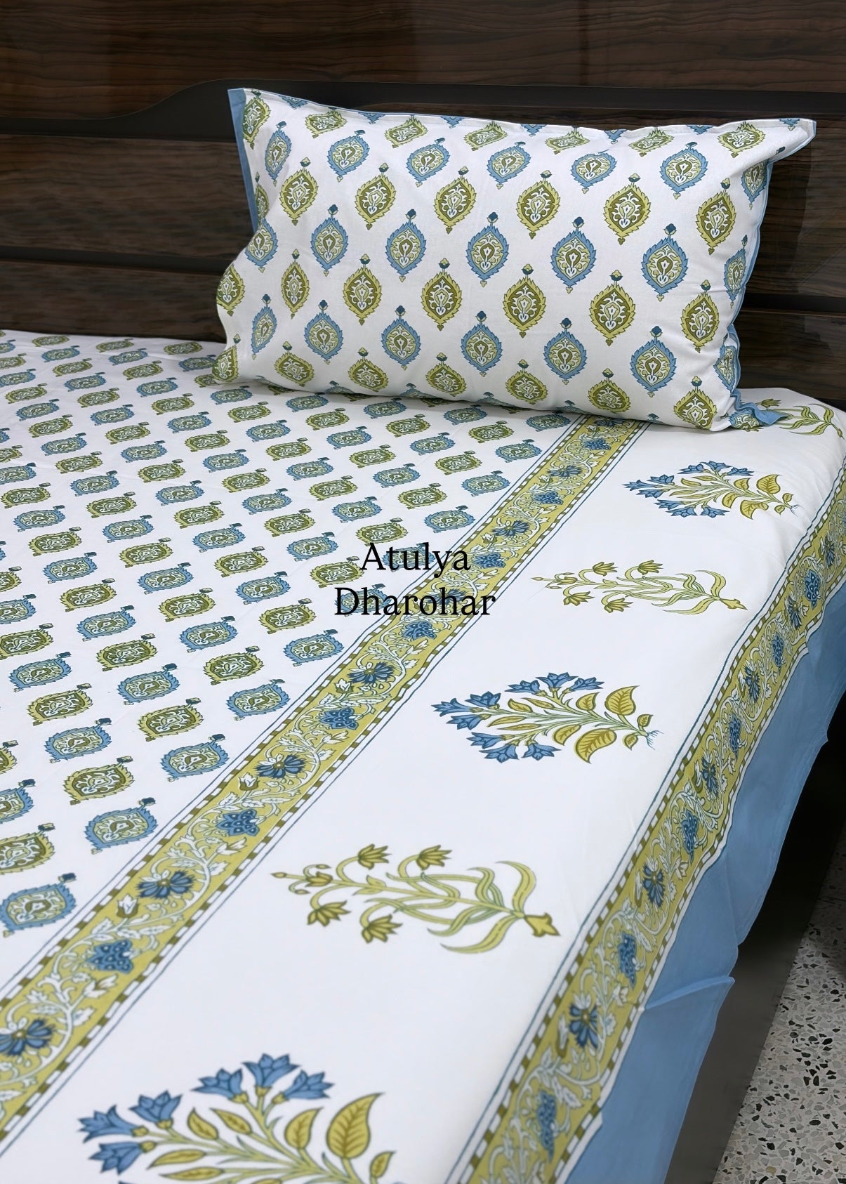 Blue and Green Floral Motifs Cotton Super King Bedsheet