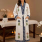 Blue and Orange Floral Motifs Waffle Cotton Bathrobe